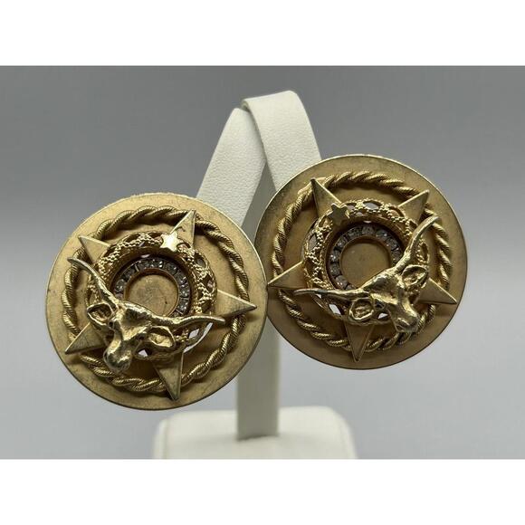 Kirks Folly Longhorn Bull Vintage Gold Tone Rhinestones Round Clip On Earrings